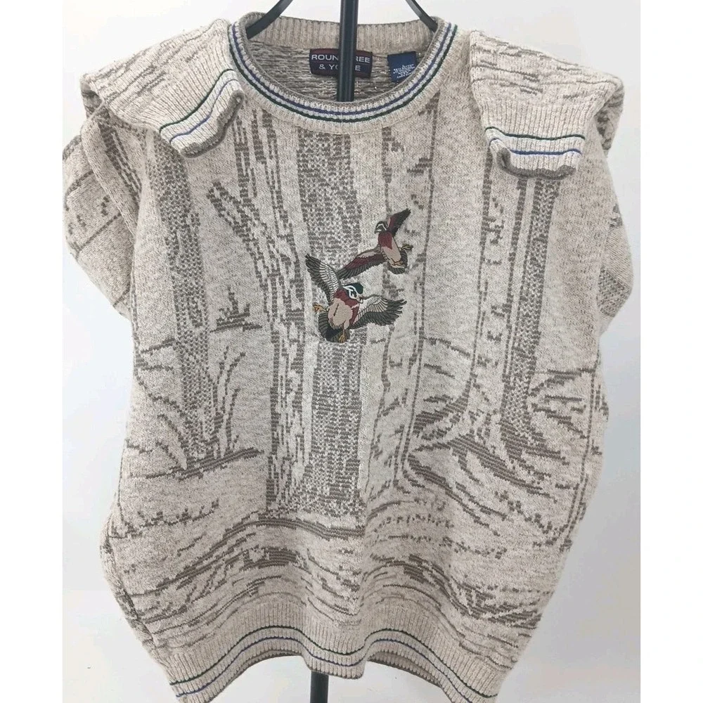 Roundtree &York Vntg Cotton Knit W/ Mallard Ducks Embroidery Grandpa Sweater Lg